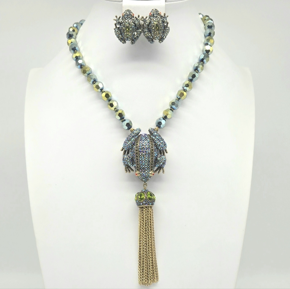Heidi Daus Frog Necklace + Earrings w/ Black Aurora Borealis Swarovski Crystals